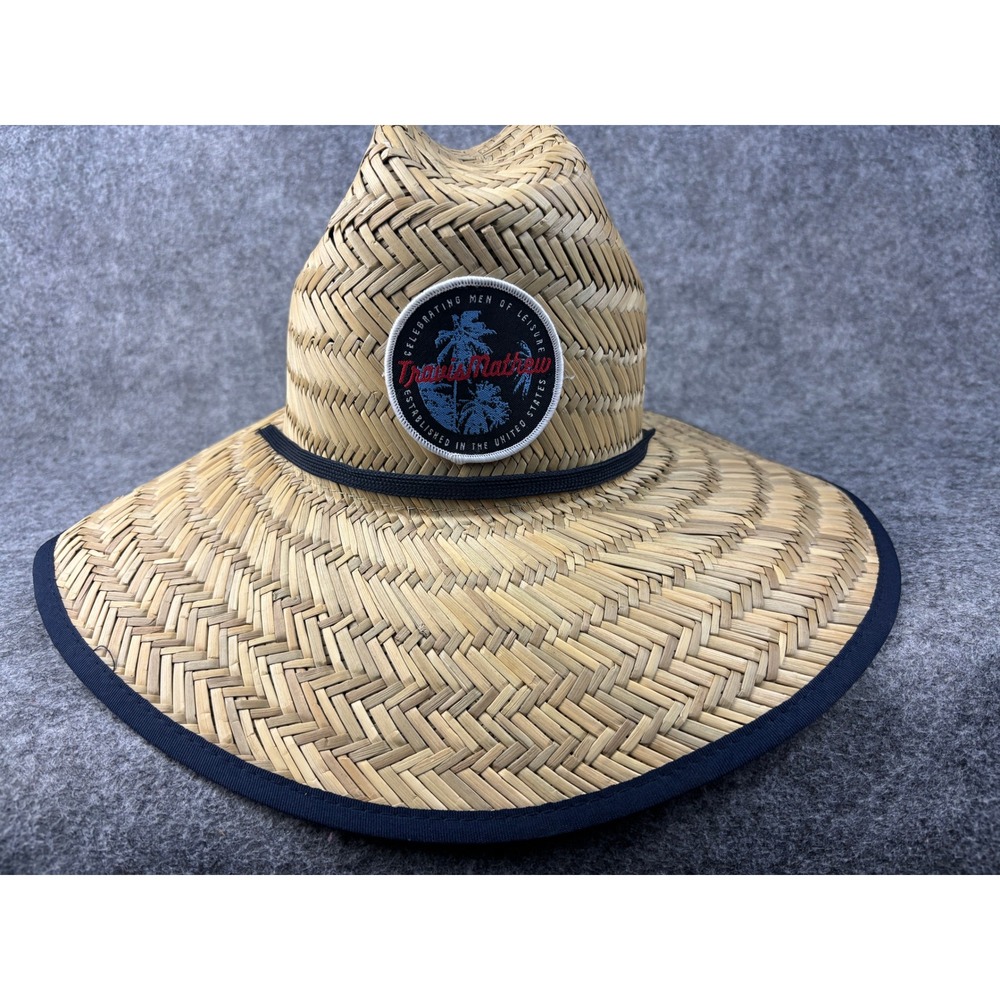TravisMathew Straw Lifeguard Hat Mens M Tan Navy Blue Wide Brim Sun Hat